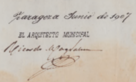 Firma del Arquitecto Municipal Ricardo Magdalena en el proyecto de construcción del edificio. 